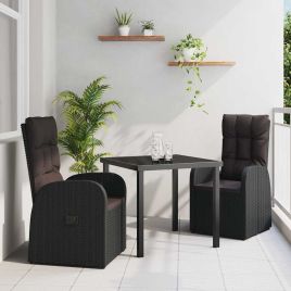3 Piece Garden Dining Set with Cushions Black Poly Rattan