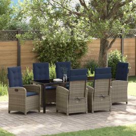 7 Piece Garden Dining Set with Cushions Grey Poly Rattan