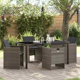 5 Piece Garden Dining Set with Cushions Grey Poly Rattan