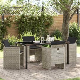 5 Piece Garden Dining Set with Cushions Light Grey Poly Rattan