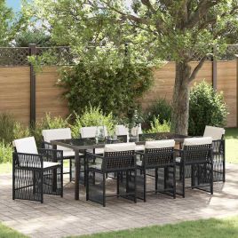 9 Piece Garden Dining Set with Cushions Black Poly Rattan