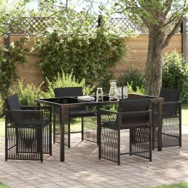 5 Piece Garden Dining Set with Cushions Black Poly Rattan