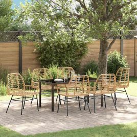 7 Piece Garden Dining Set Brown Poly Rattan