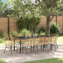 9 Piece Garden Dining Set Brown Poly Rattan