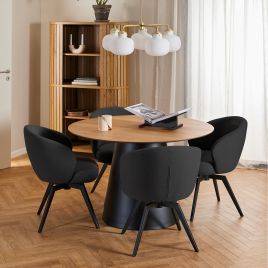 SOIL Round Dining Table in Oak and Black Included 4 Dining Chair with Armrest and Swivel Function in Black