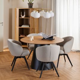 SOIL Round Dining Table in Oak and Black Included 4 Dining Chair with Armrest and Swivel Function in Beige