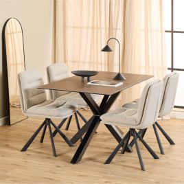 FUMES Dining Table with Ceramic Rusty Brown Top 135cm Included 4 Beige Swivel Dining Chair