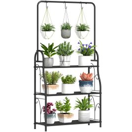 SUNVISTA 3 Tier Plant Stand with Hanging Rod and Hooks Black