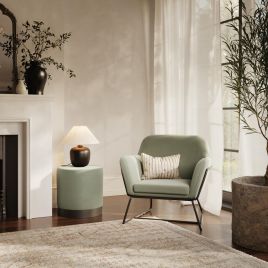 CHARIX Velvet Armchair with Small Pouffe Set - Ivory and Black