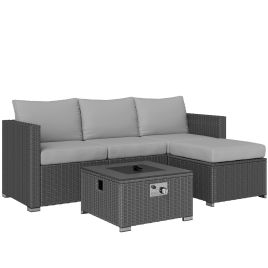 SUNVISTA Five Piece Rattan Garden Furniture Set with Gas Fire Pit Table Grey