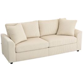 HERON Modern 3 Seater Sofa with Spring Cushion 212 cm Fabric Jumbo Cord Sofa Cream White