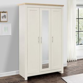 Wardrobe - HEINZ 3 Door Mirrored Wardrobe Cream and Oak Effect 112cm