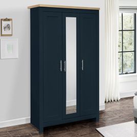 Wardrobe - HEINZ 3 Door Mirrored Wardrobe Navy Blue and Oak Effect 112cm