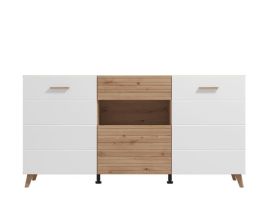 Bretanovique Slatted Artisan Oak Effect And White Gloss Sideboard - Oak