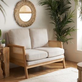 ISERA Fabric 2 Seater Rattan Sofa - White with Light Oak