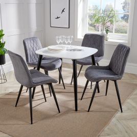 NEXO Square Dining Table with 4 Diamond Stitch Fabric Chairs - White with Grey