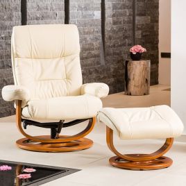 Armchair - MOBELUX Leather Swivel Recliner Chair with Stool Heated Massage - Cream