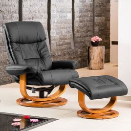 Armchair - MOBELUX Leather Swivel Recliner Chair with Stool Heated Massage - Black