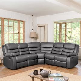 Corner Sofa - REGALUXE Leather Recliner 4 Seater L Shaped Sofa - Grey