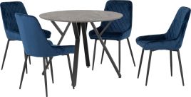 Athens Round Dining Set with Avery Chairs - Concrete Effect Black Sapphire Blue Velvet