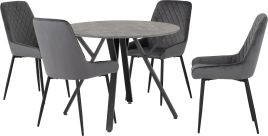 Athens Round Dining Set with Avery Chairs - Concrete Effect Black Grey Velvet