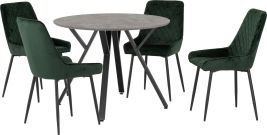 Athens Round Dining Set with Avery Chairs - Concrete Effect Black Emerald Green Velvet