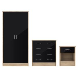Wardrobe Set - BLACKPOOL 2 Door Bedroom Set 3 Piece Black Gloss 63cm