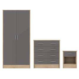 Wardrobe Set - BLACKPOOL 2 Door Bedroom Set 3 Piece Grey Gloss 63cm