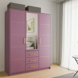 Barnsley 3 Doors Mirrored Wardrobe with 3 Drawers - Plum