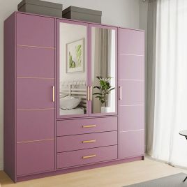 Barnsley 4 Doors Mirrored Wardrobe with 3 Drawers - Plum