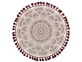Round Cotton Area Rug Mandala Pattern 120cm Cream and Red