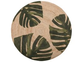Round Area Rug Monstera Leaf Pattern 140cm Beige with Green