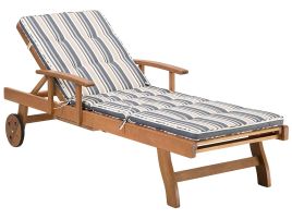 Acacia Wood Reclining Sun Lounger with Blue and Beige Cushion JAVA