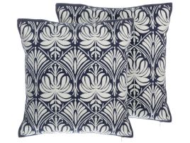 Set of 2 Cotton Cushions Damask Pattern 45x45cm White and Blue