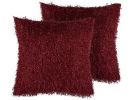 Set of 2 Shaggy Cushions 45x45cm Red