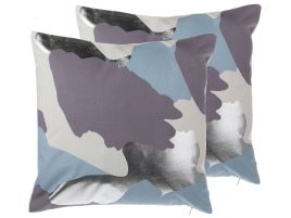 Set of 2 Cotton Cushions Abstract Pattern 45x45cm Purple and Silver