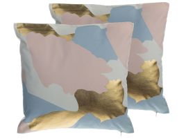 Set of 2 Cotton Cushions Abstract Pattern 45x45cm Pink and Gold