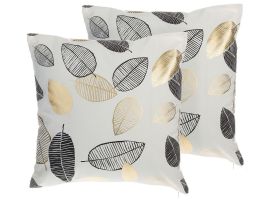 Set of 2 Cushions Leaf Pattern 45x45cm Black and Gold