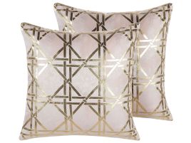 Set of 2 Cushions Geometric Pattern 45x45cm Pink with Gold