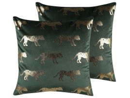 Set of 2 Velvet Cushions Tiger Motif 45x45cm Green