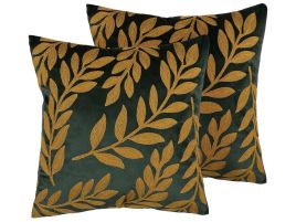 Set of 2 Velvet Cushions Leaf Pattern 45x45cm Emerald Green