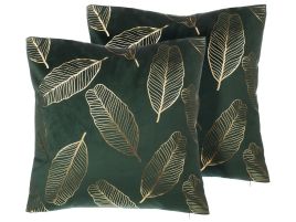 Set of 2 Velvet Cushions Leaf Pattern 45x45cm Emerald Green