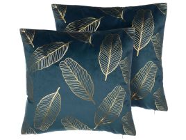 Set of 2 Velvet Cushions Leaf Pattern 45x45cm Teal Blue