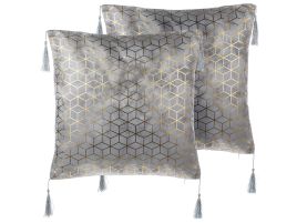 Set of 2 Cushions Geometric Pattern with Tassels 45x45cm Silver