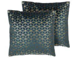 Set of 2 Velvet Cushions Geometric Pattern 45x45cm Teal Blue