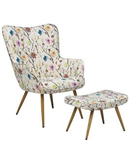 Wingback Chair with Footstool Floral Pattern Cream VEJLE II