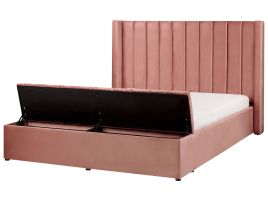 EU King Size Panel Bed Pink Velvet 5ft3 Slatted Base High Headrest with Storage Bench 