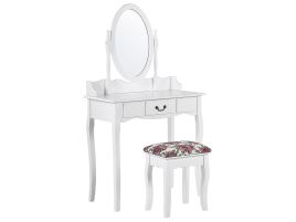 1 Drawer Dressing Table with Oval Mirror and Stool White SOLEIL