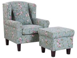 Fabric Wingback Chair with Footstool Floral Pattern Green HAMAR