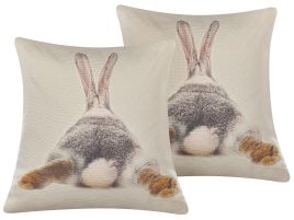 Set of 2 Cushions Rabbit Print 45x45cm Taupe